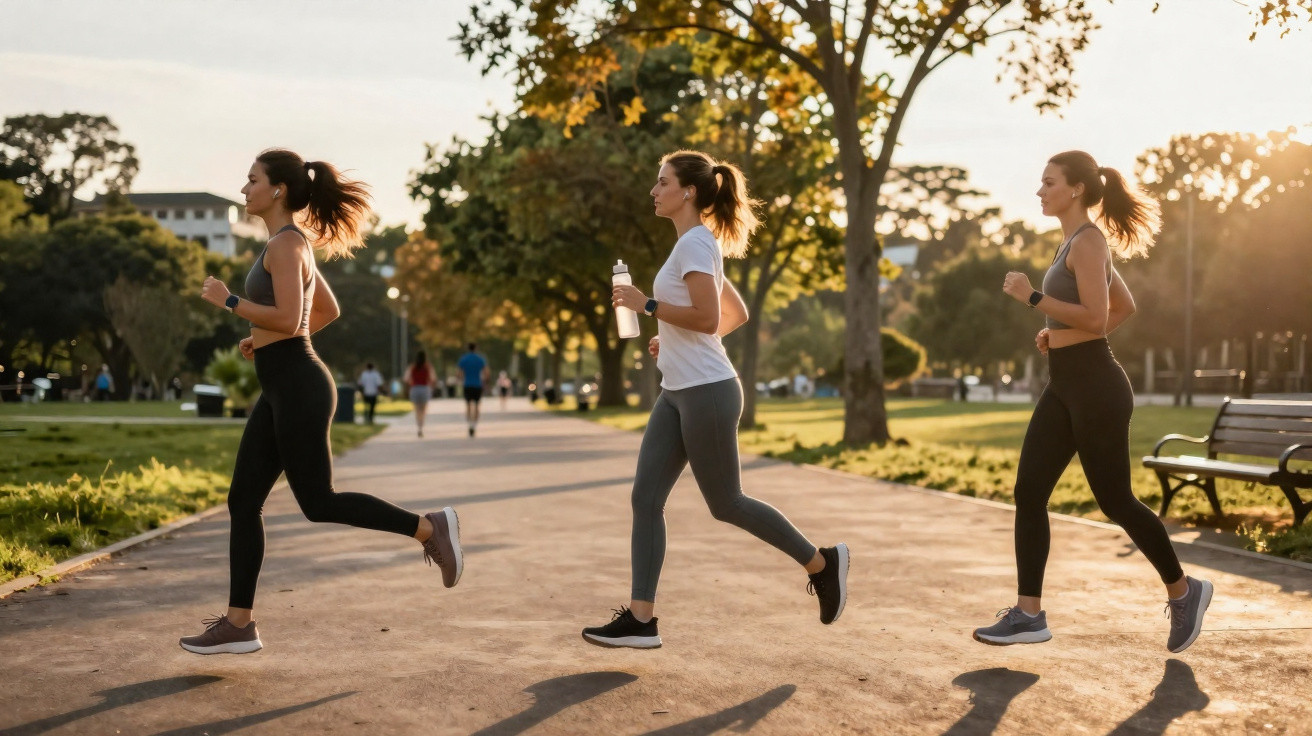 Três mulheres correndo em parque ao entardecer, com árvores e bancos ao redor.