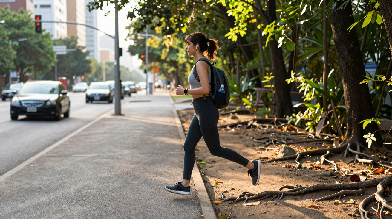Mulher com roupa esportiva e mochila atravessa a calçada de uma rua urbana com árvores ao lado.