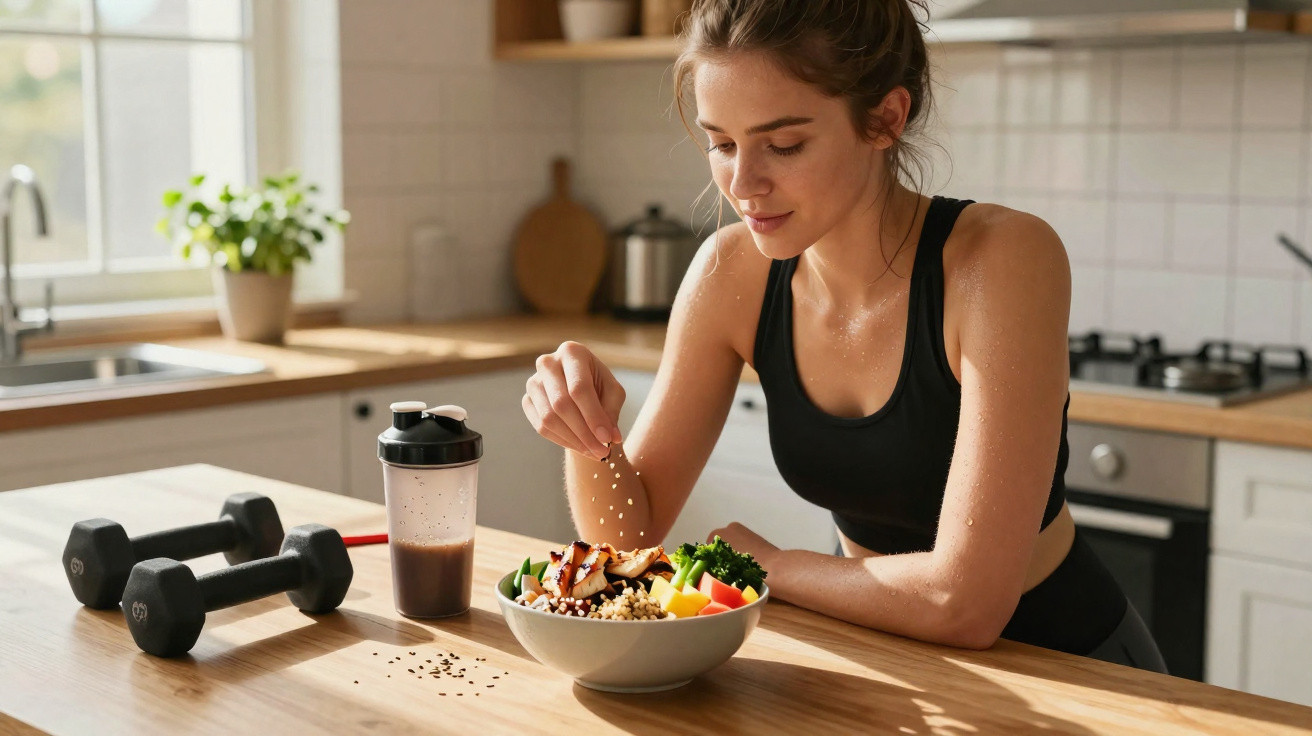 Mulher em roupa esportiva preparando refeição saudável em cozinha, com halteres e shake ao lado.