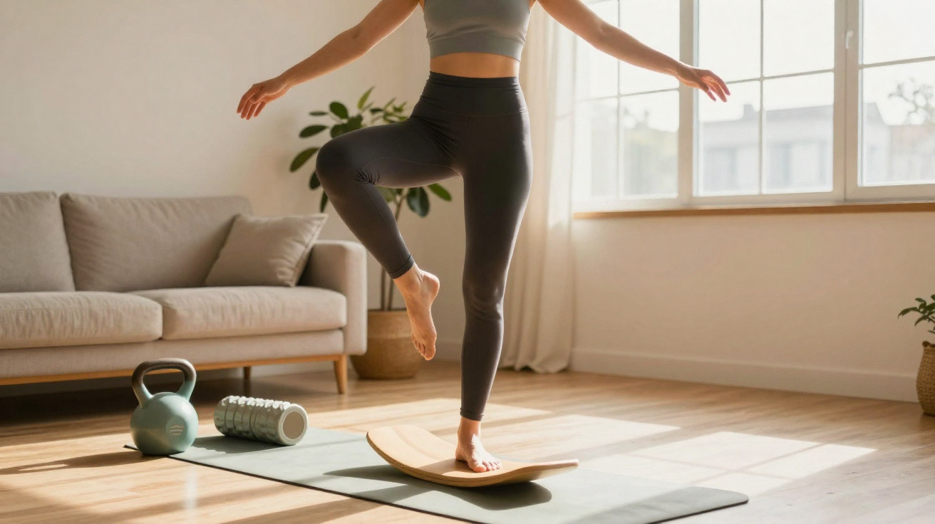 Pessoa equilibrando em prancha de equilíbrio em sala iluminada, com kettlebell e rolo de espuma ao lado.