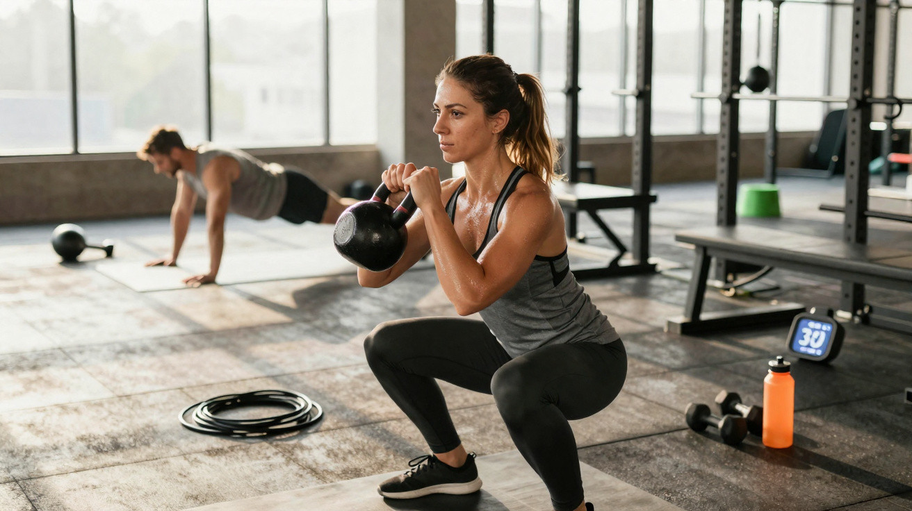 Mulher fazendo agachamento com kettlebell em academia, homem ao fundo fazendo flexão de braço.