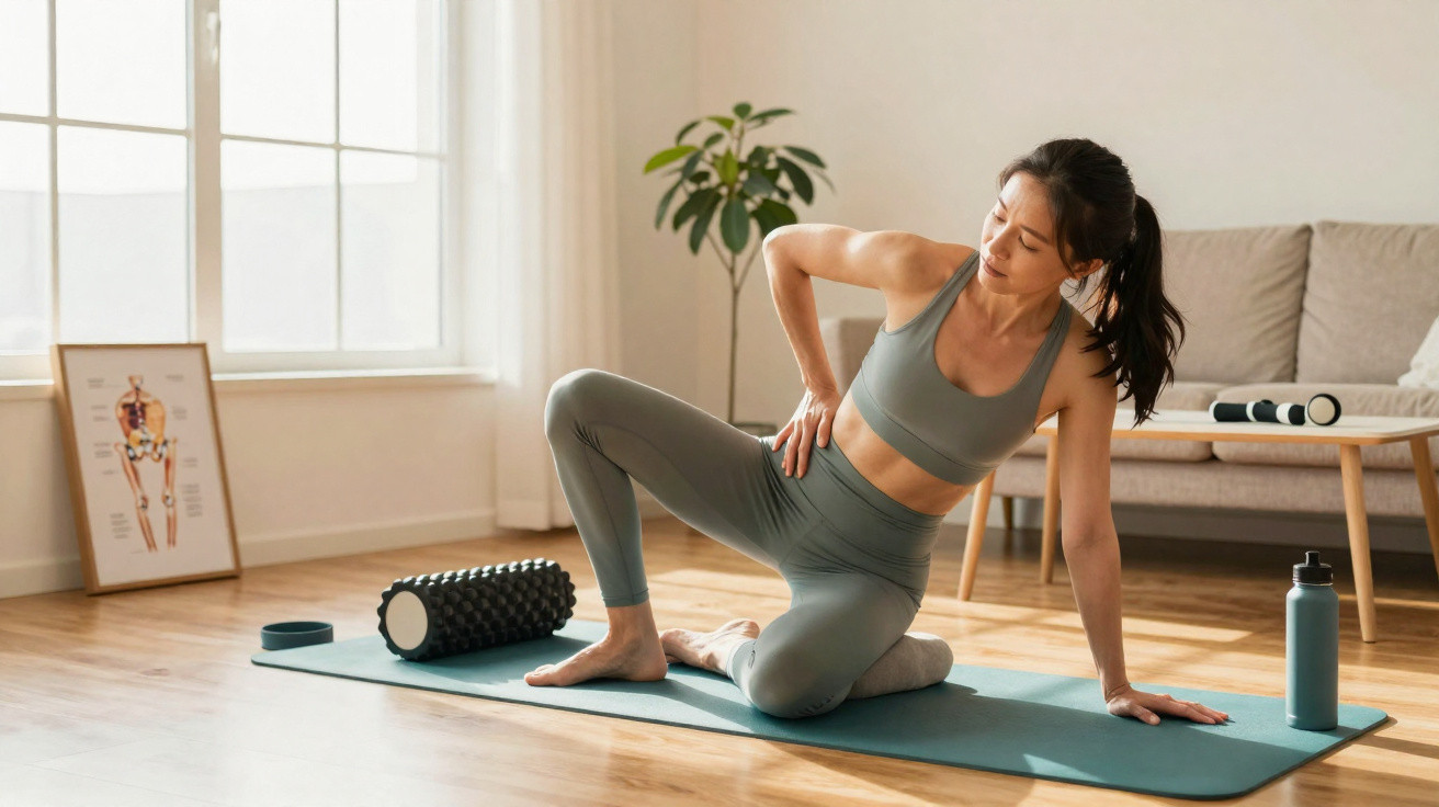 Mulher em roupa esportiva fazendo alongamento para as costas em tapete de yoga numa sala iluminada.