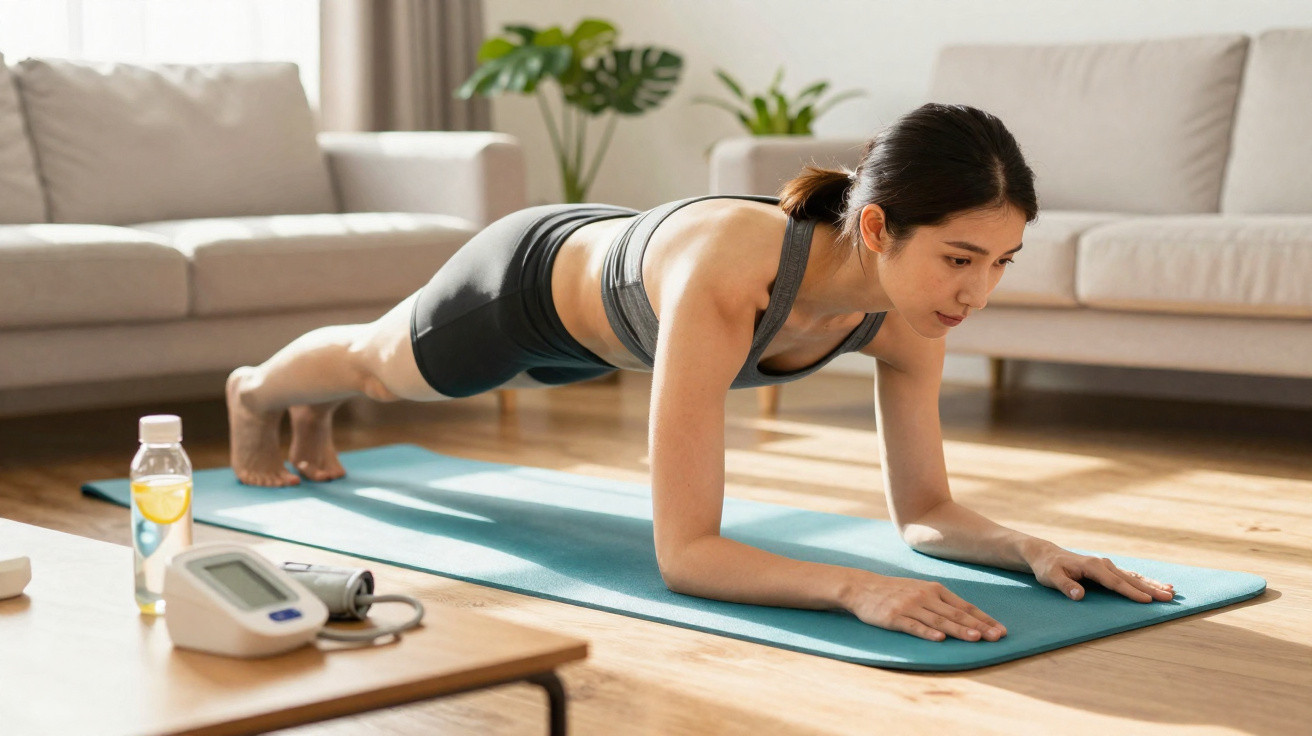 Mulher fazendo prancha em tapete de yoga na sala, com medidor de pressão e garrafa de água ao lado.