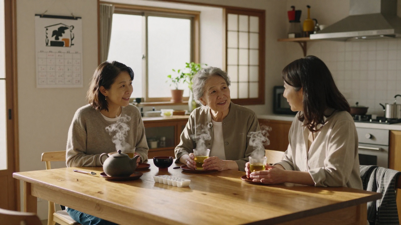 Três mulheres de diferentes idades conversam e bebem chá quente em uma cozinha aconchegante.