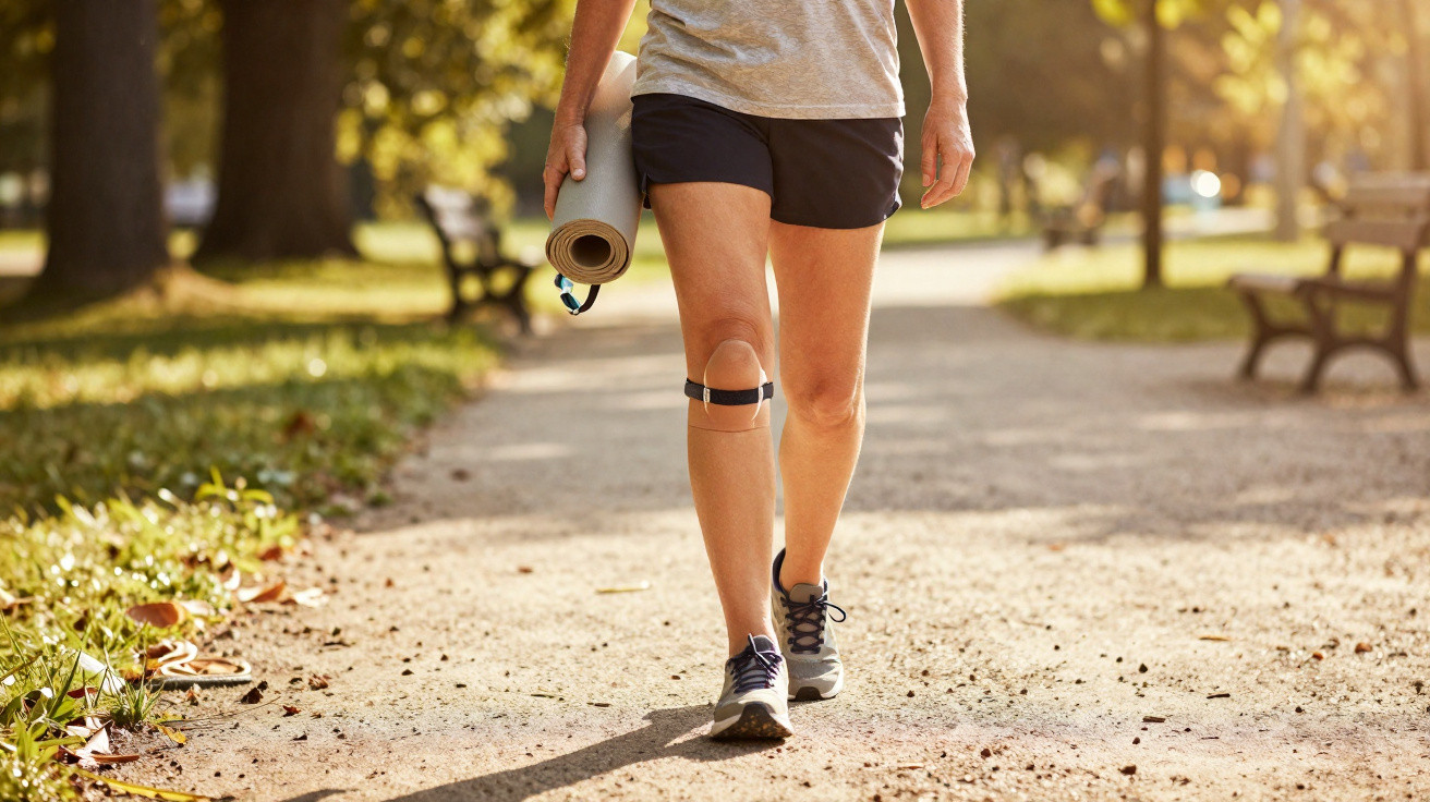 Pessoa caminhando ao ar livre com roupas esportivas e tapete de yoga em uma mão.