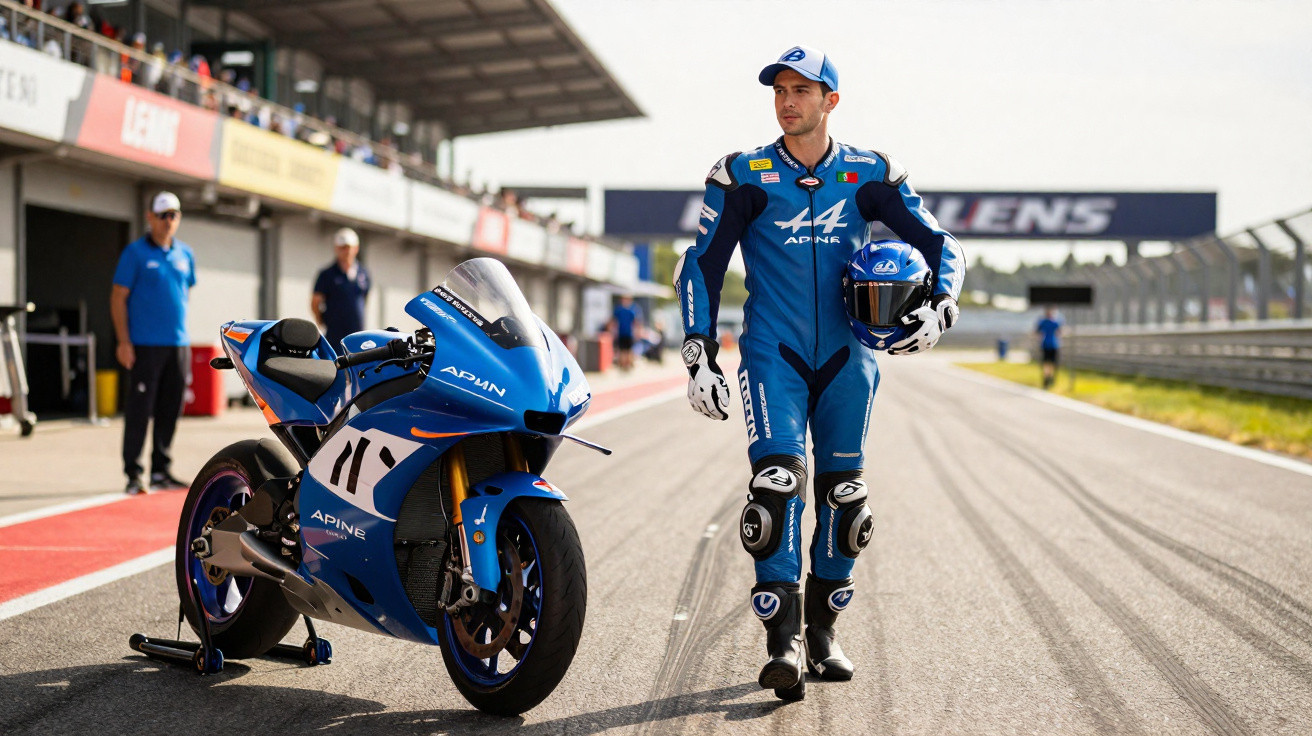 Piloto de moto em macacão azul segurando capacete ao lado de motocicleta azul em pista de corrida.