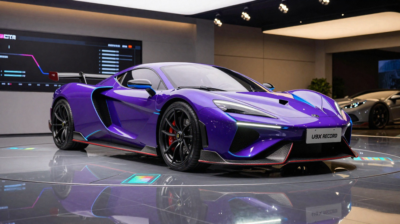 Carro esportivo roxo com design aerodinâmico em exposição interna com piso refletivo.