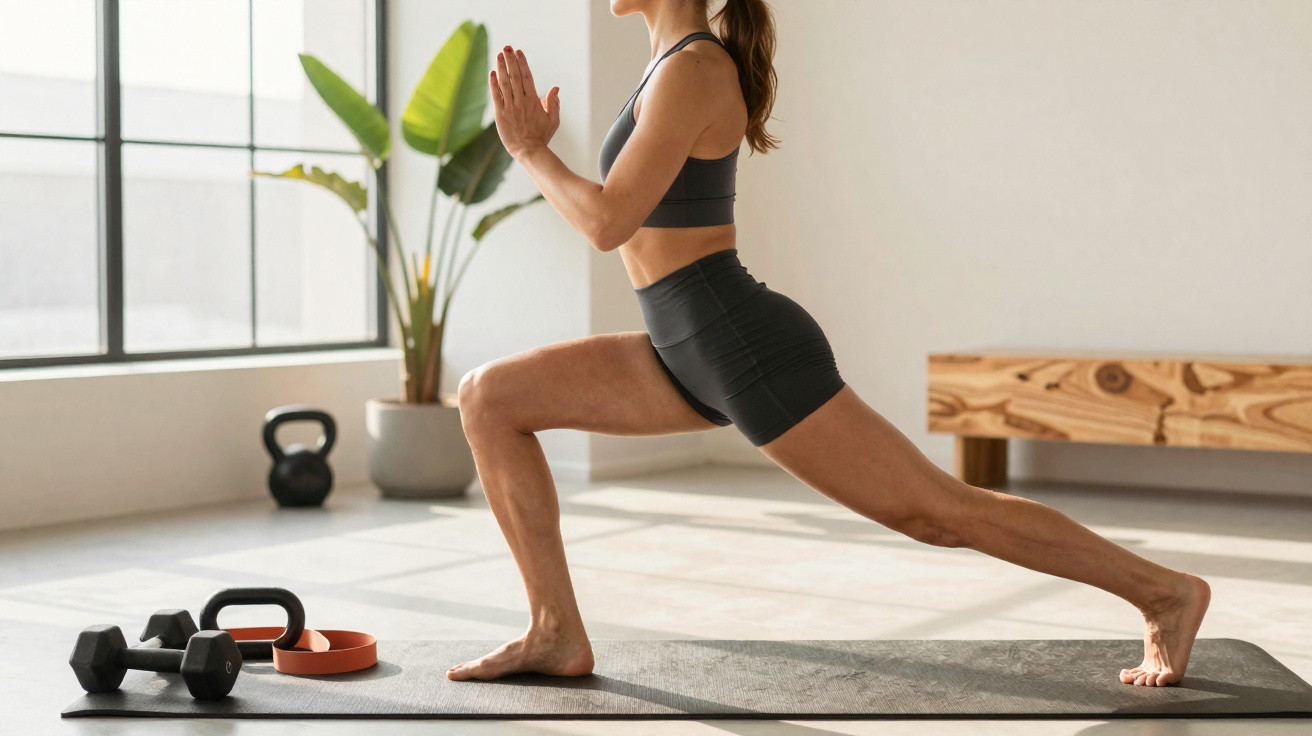 Mulher fazendo alongamento em prancha com halteres e kettlebell ao lado em sala iluminada.