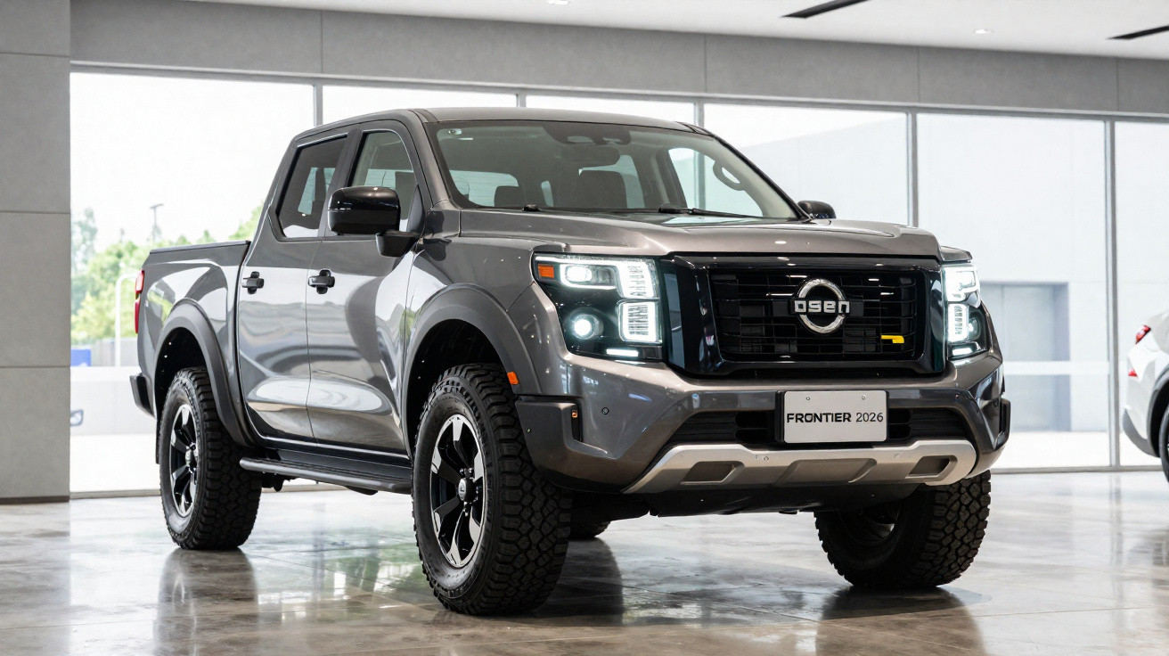 Picape Nissan Frontier 2026 cinza escuro em showroom com pneus robustos e faróis acesos.