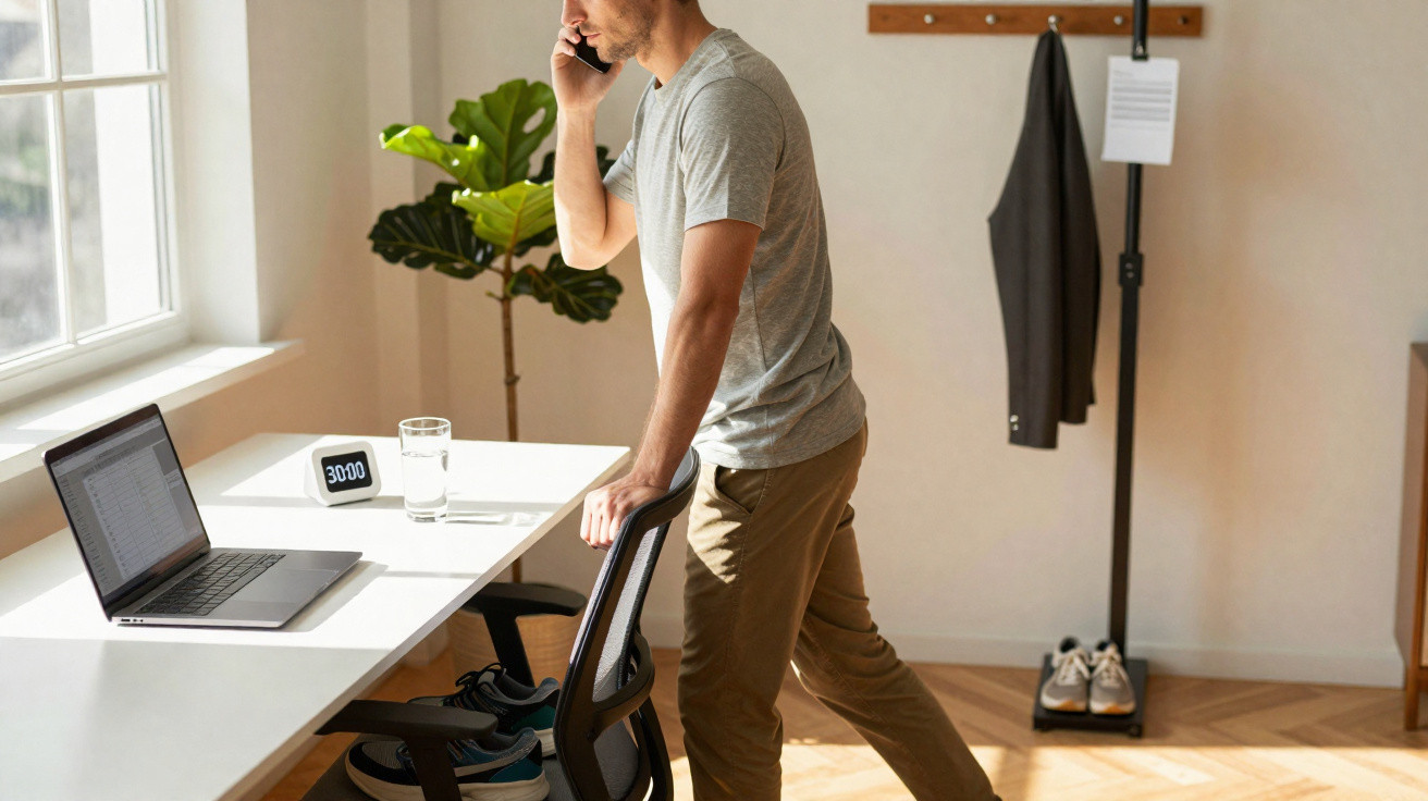 Homem em stand-up talking on phone near desk with laptop, clock, glass of water in bright home office.