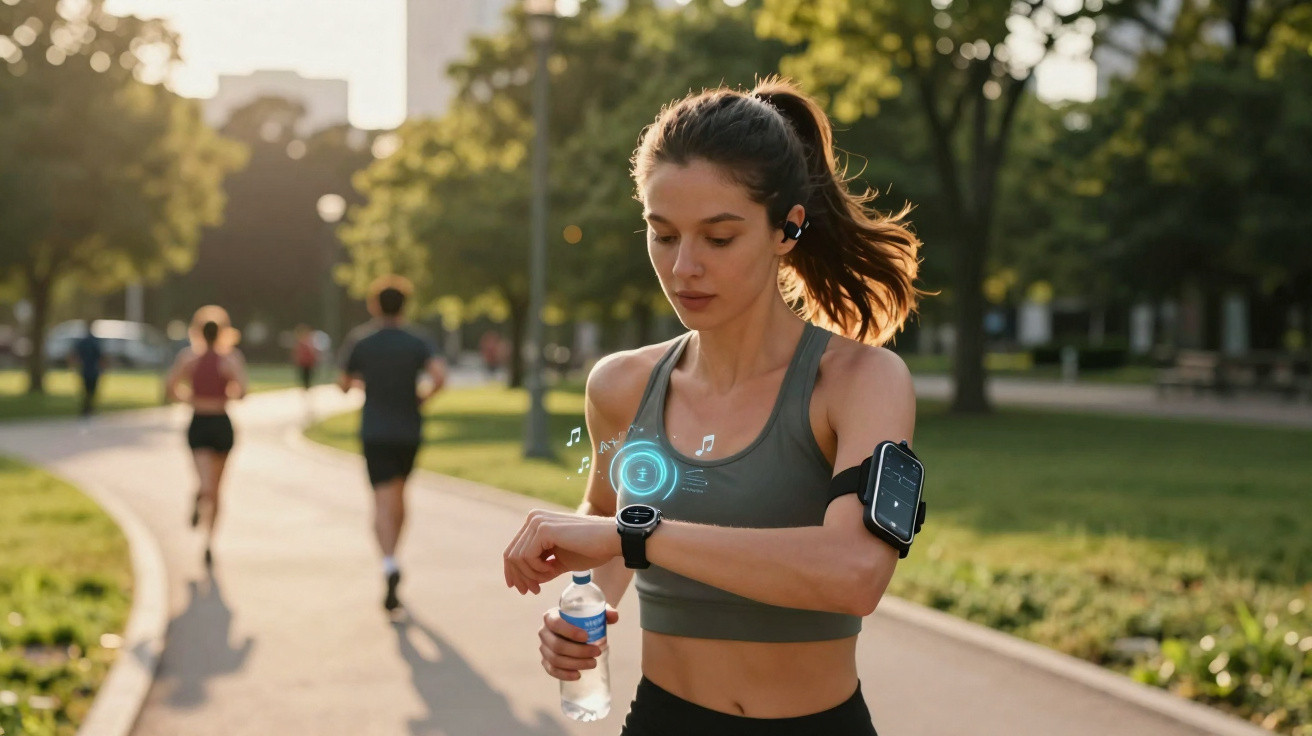 Mulher correndo em parque, olhando smartwatch, com fones de ouvido e garrafa de água na mão.