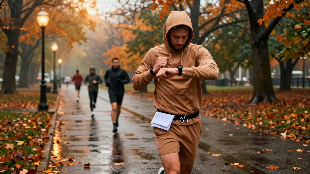 Homem vestido com moletom e shorts marrom corre em parque com árvores de folhas alaranjadas no outono.