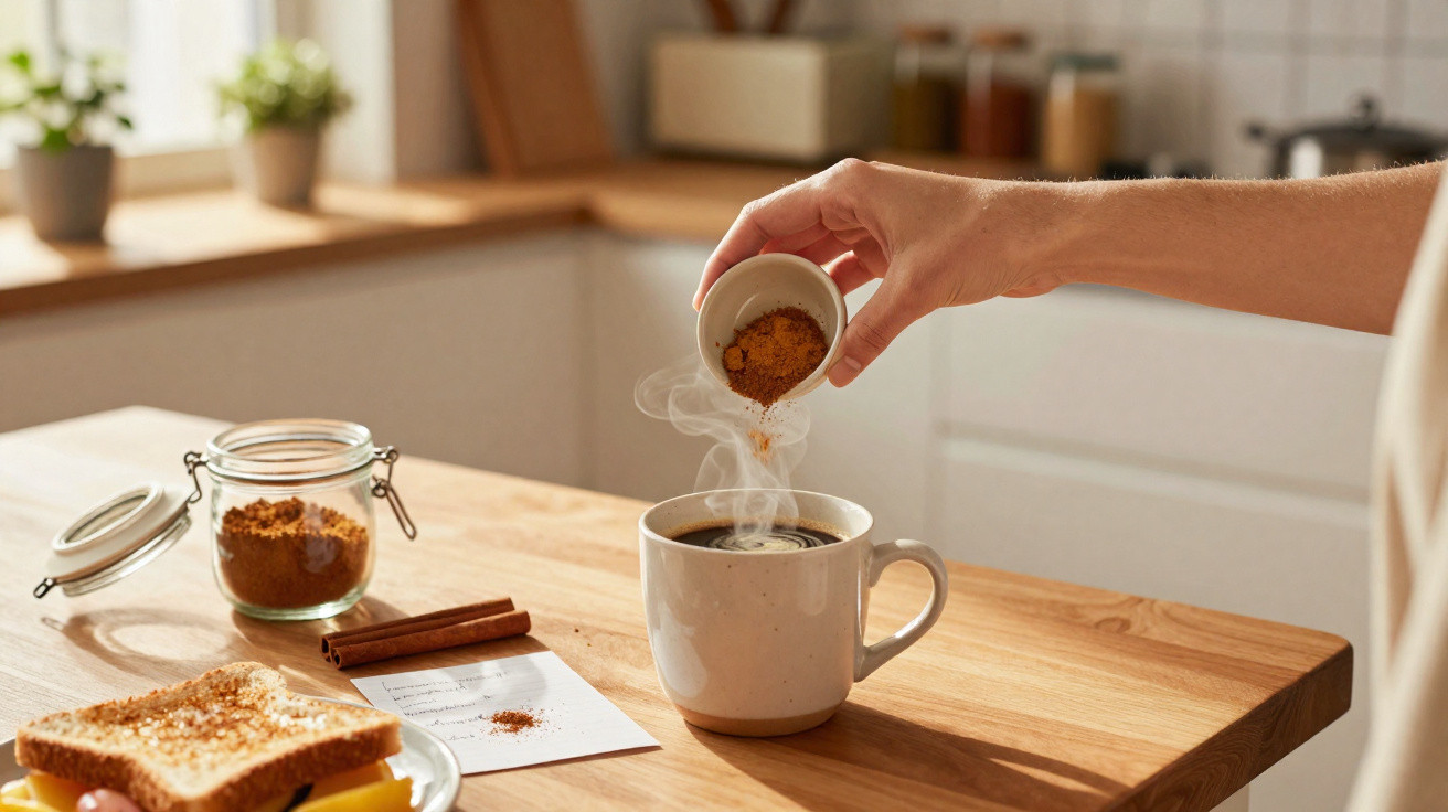 Mão adiciona canela em pó a xícara de café quente sobre bancada de cozinha em ambiente iluminado.