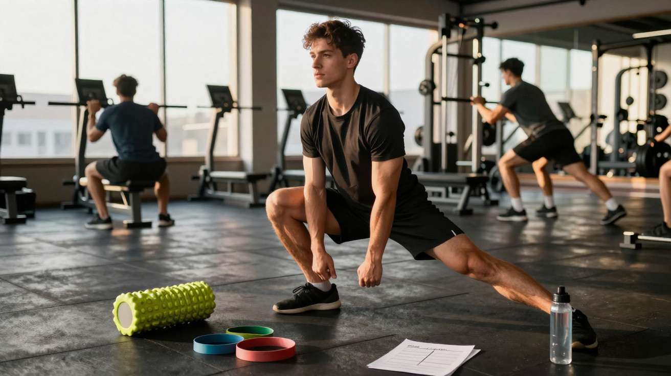 Jovem fazendo alongamento lateral no chão de academia com acessórios de treino ao redor.
