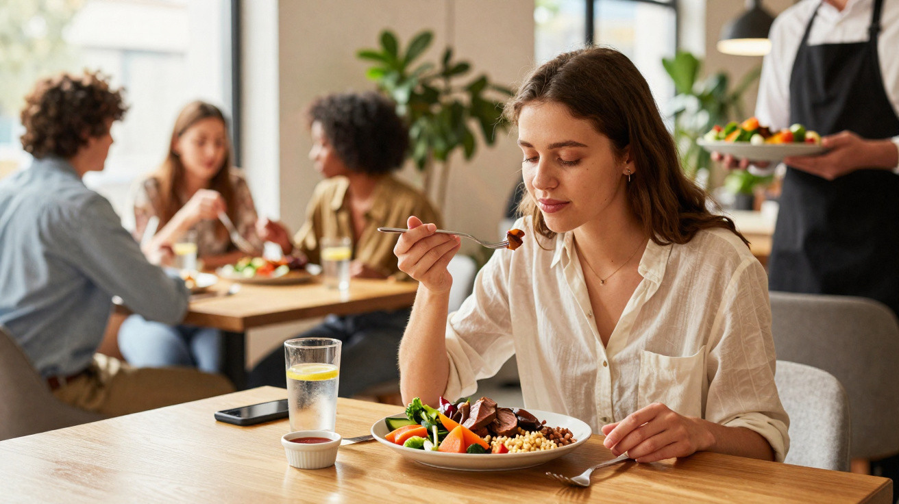Mulher comendo salada em restaurante, com outras pessoas e garçom ao fundo.