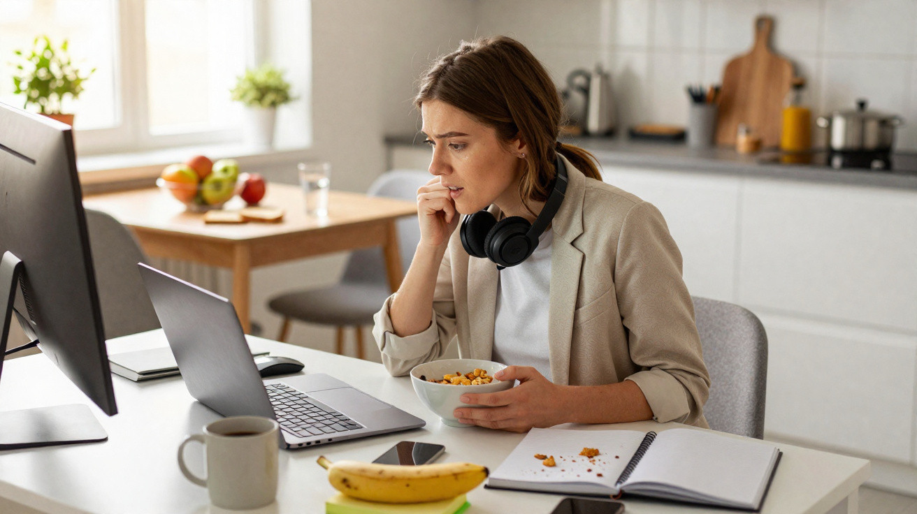 Mulher trabalhando em home office, olhando para o laptop e segurando tigela com café da manhã na cozinha.