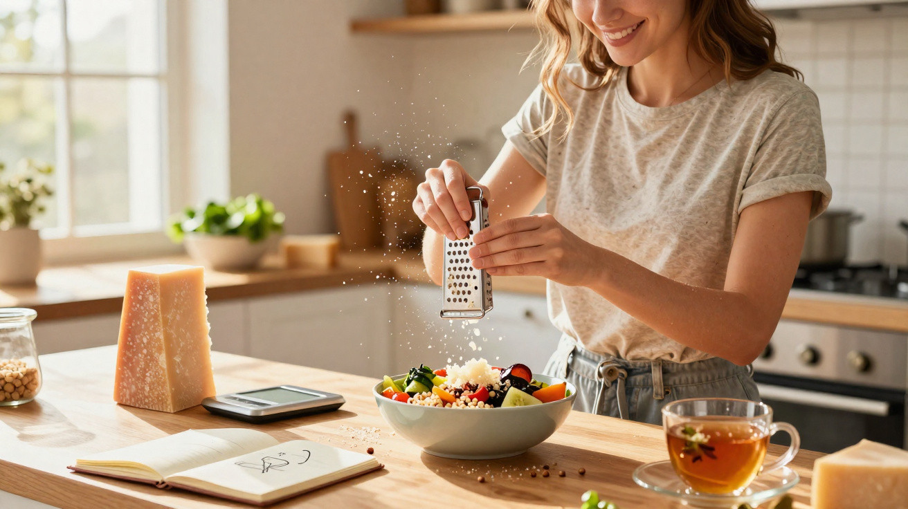 Mulher ralada queijo sobre salada em tigela na cozinha iluminada, com chá e caderno na mesa.