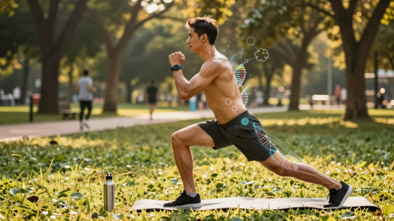 Homem jovem fazendo alongamento ao ar livre em parque com ilustração de DNA sobre o corpo.