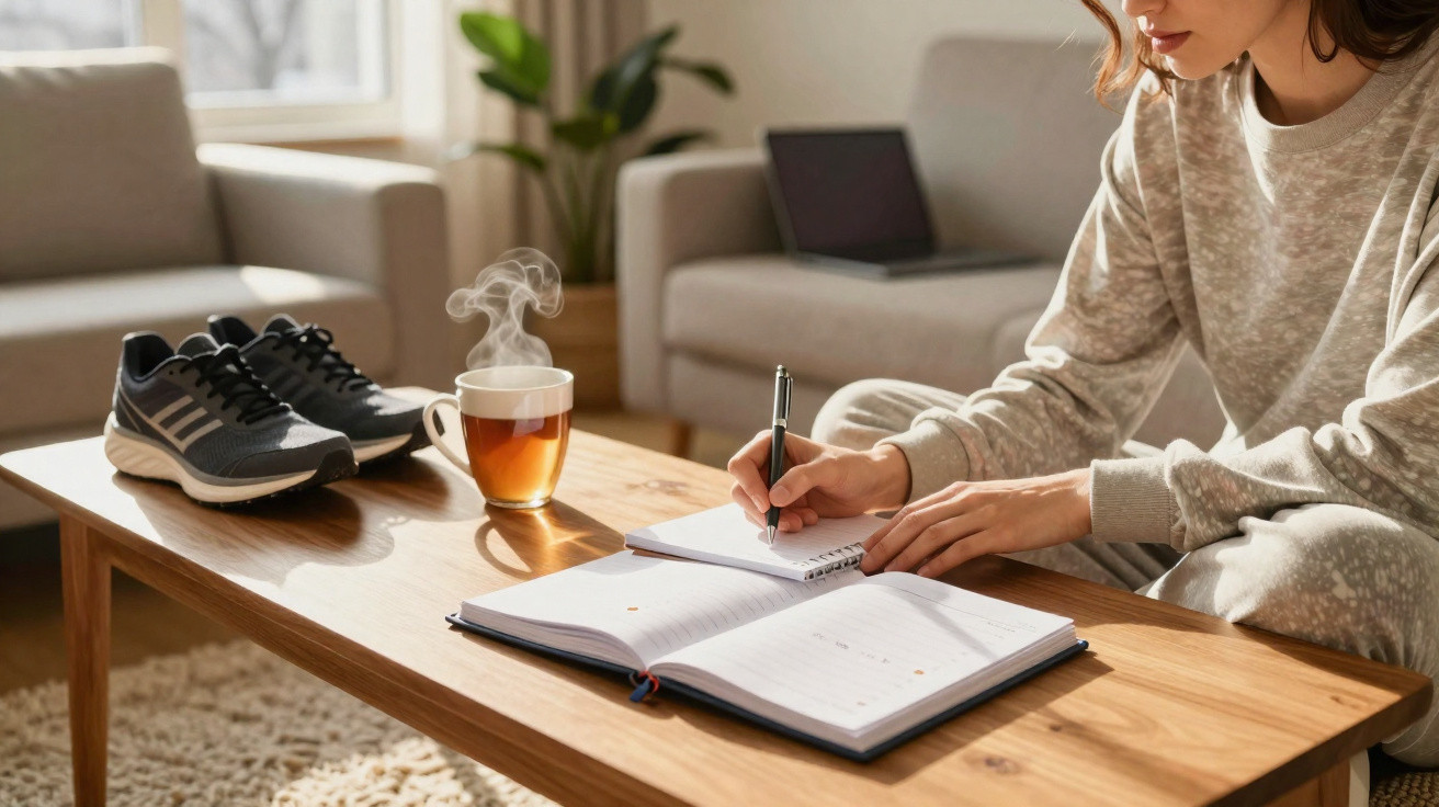 Pessoa escreve em caderno sobre mesa de madeira com tênis e xícara quente ao lado, em sala iluminada.