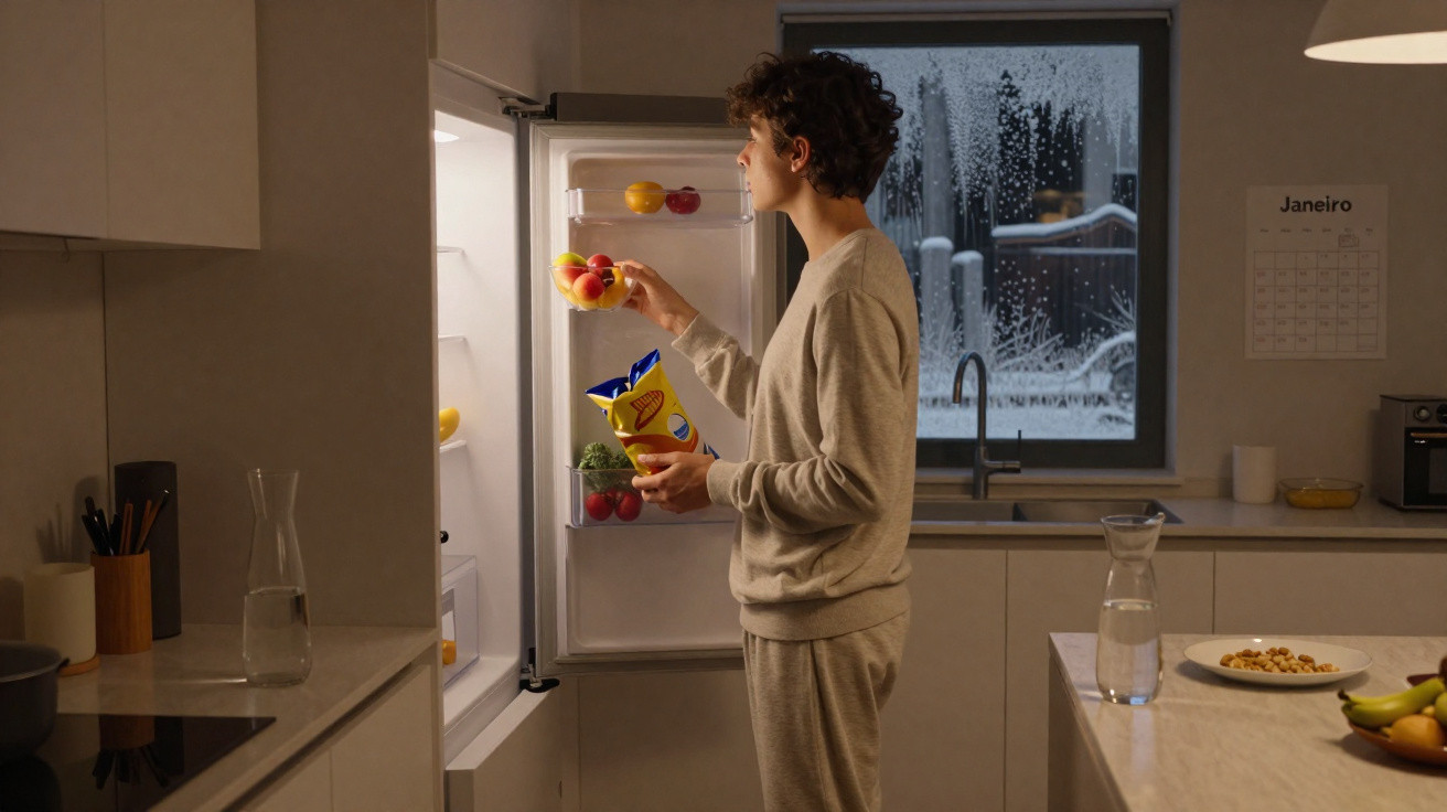 Pessoa de pijama retira maçãs da geladeira em cozinha com janela em dia chuvoso em janeiro.