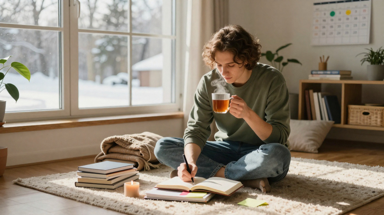 Jovem sentado no tapete de casa escrevendo em caderno e segurando xícara de chá em ambiente iluminado.
