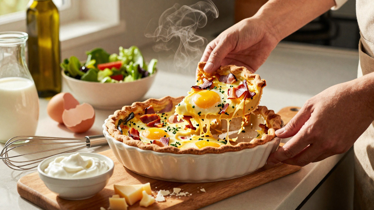 Mãos servindo quiche de ovos, queijo e bacon quente em tijela branca com legumes ao fundo.