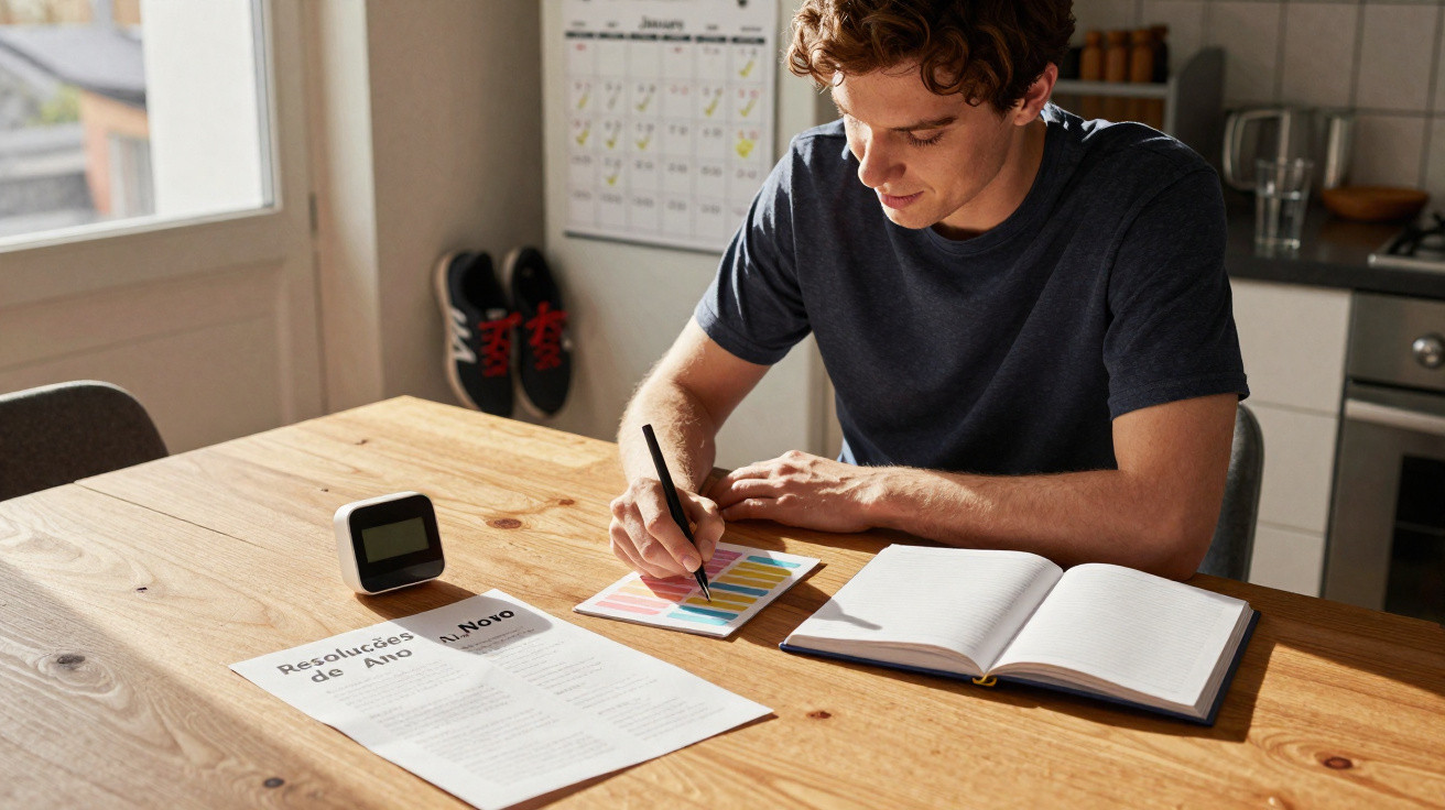 Jovem sentado à mesa escrevendo em bloco de notas colorido com documentos e calendário ao fundo.