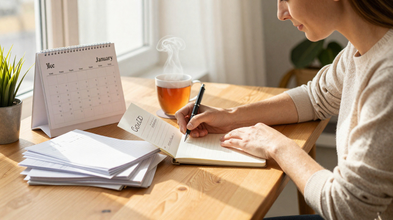 Pessoa escrevendo em agenda ao lado de café quente, calendário e pilha de documentos sobre mesa de madeira.