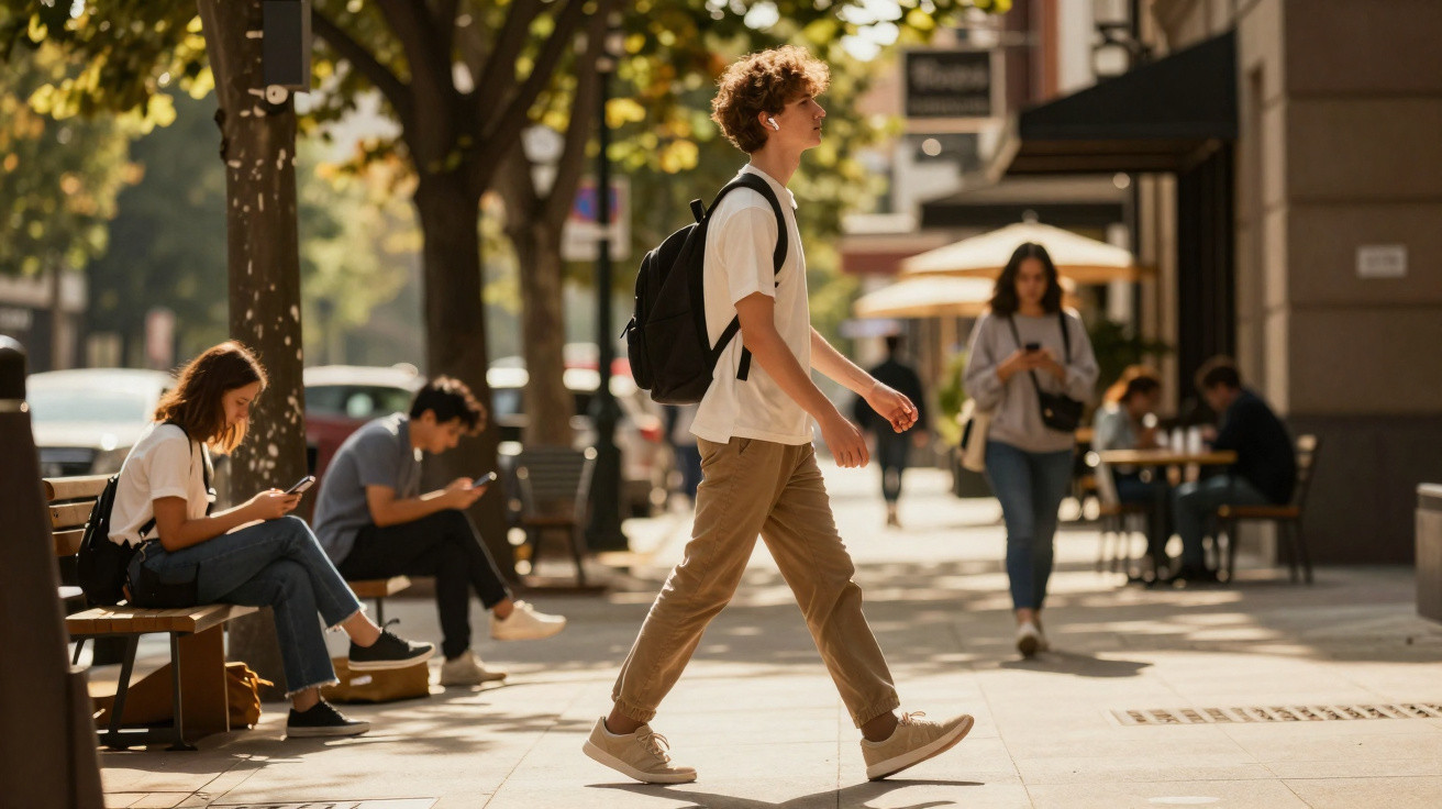 Jovem caminhando na calçada com mochila, enquanto outras pessoas usam celular em área urbana ensolarada.