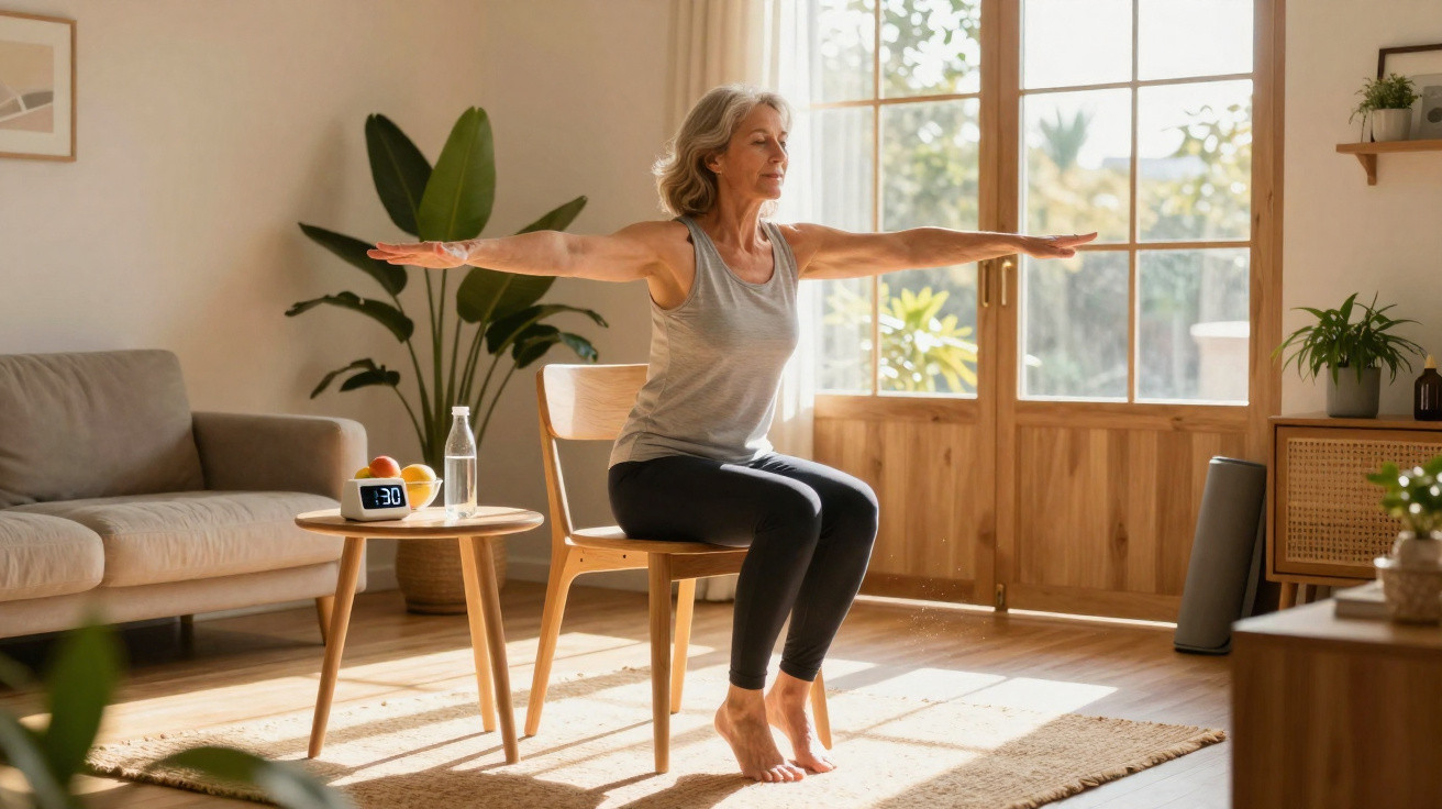 Mulher madura fazendo exercício de equilíbrio sentada em cadeira em sala iluminada com plantas ao fundo.