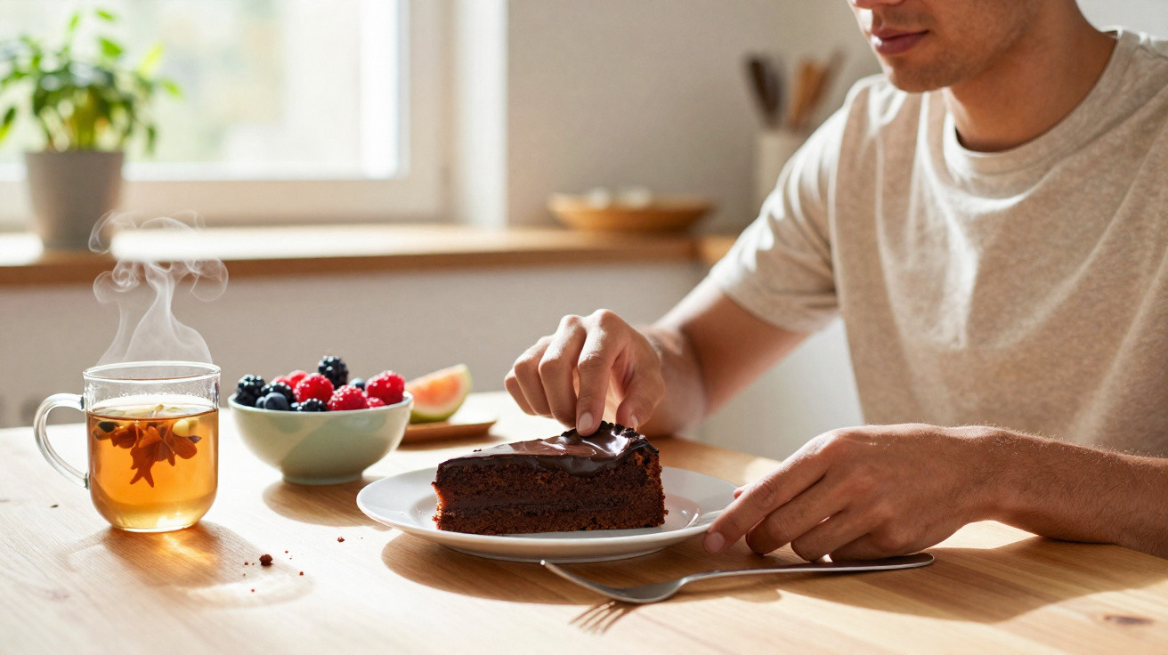 Pessoa comendo pedaço de bolo de chocolate, com chá quente e frutas vermelhas na mesa em ambiente claro.