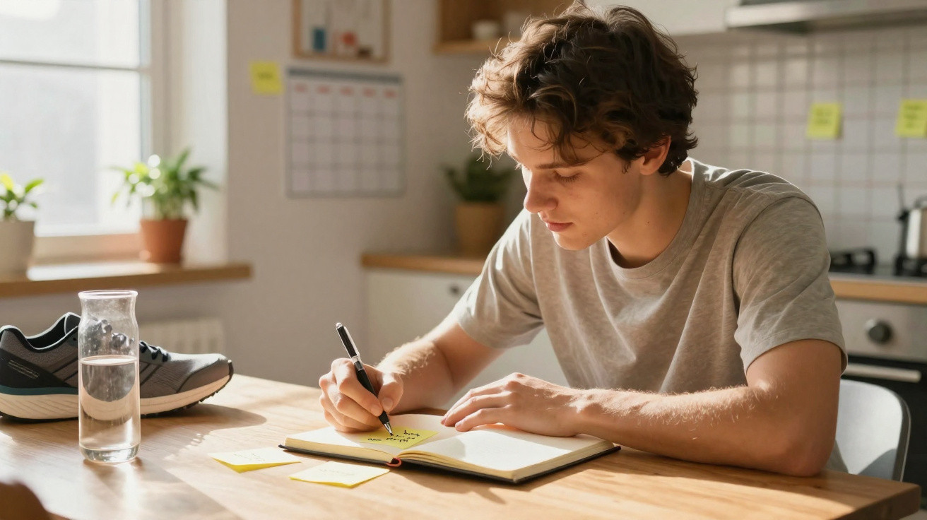 Jovem escrevendo anotações em caderno em cozinha iluminada, com tênis e copo d'água na mesa.