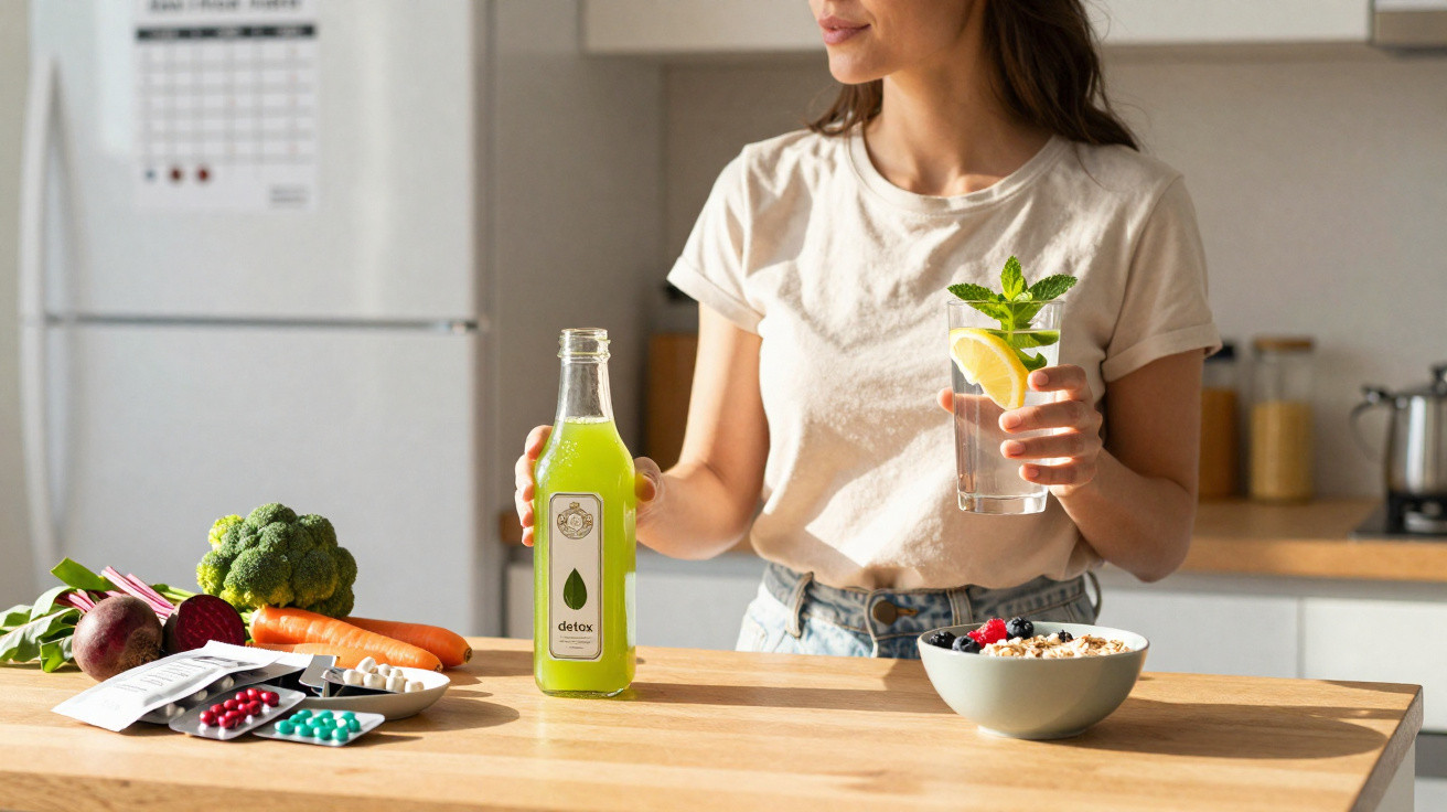Mulher segurando suco verde e copo com água, limão e hortelã, ao lado de legumes e suplementos na cozinha.