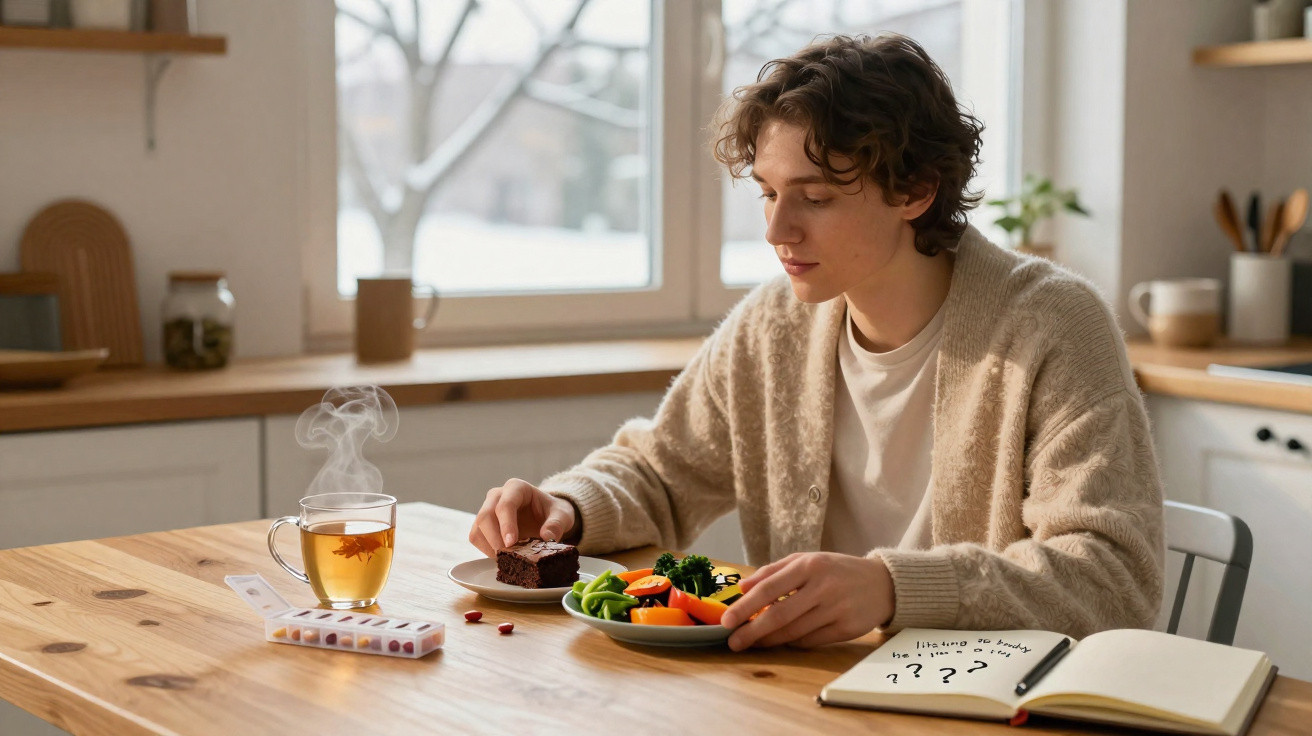 Jovem sentado à mesa com sobremesa, chá quente, remédios e caderno aberto em cozinha iluminada.