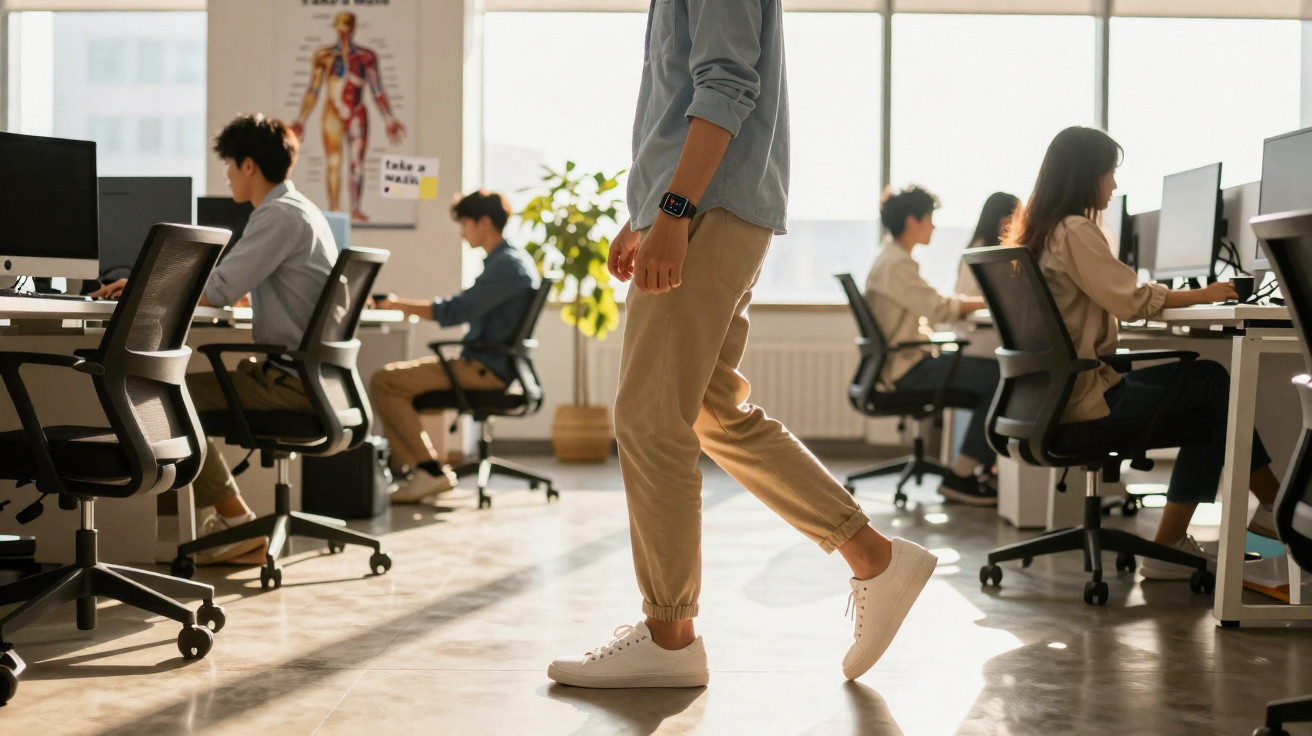 Pessoa caminhando em escritório moderno com outras pessoas trabalhando em computadores nas mesas.