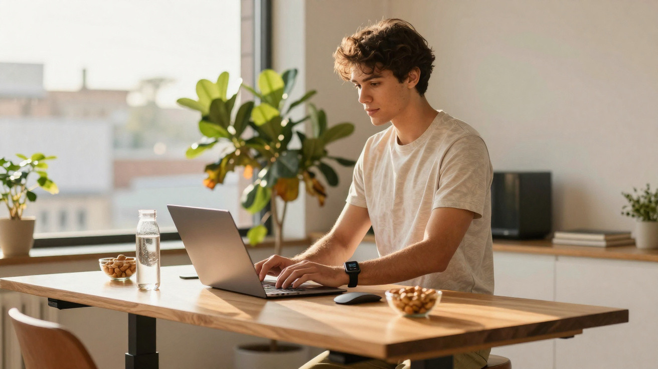 Jovem trabalhando em laptop em escritório com plantas, garrafa de água e tigelas de nozes na mesa.