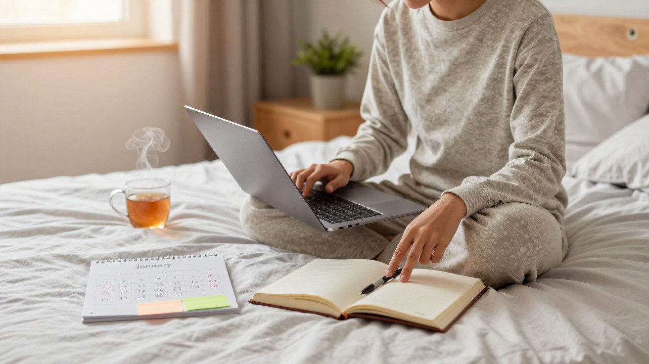 Pessoa sentada na cama usando laptop, com agenda, caneta e xícara de chá ao lado em ambiente claro e aconchegante.
