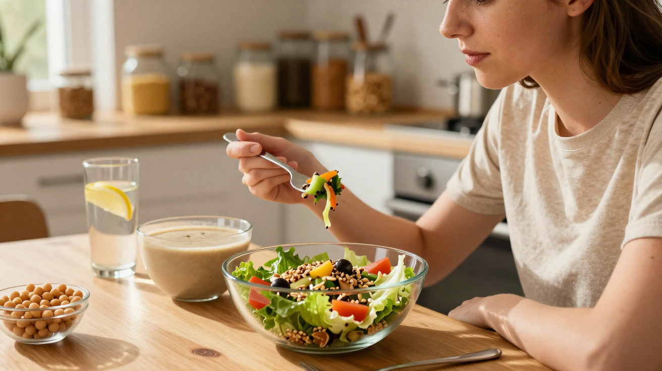 Mulher comendo salada fresca com folhas, tomate e sementes em cozinha iluminada.
