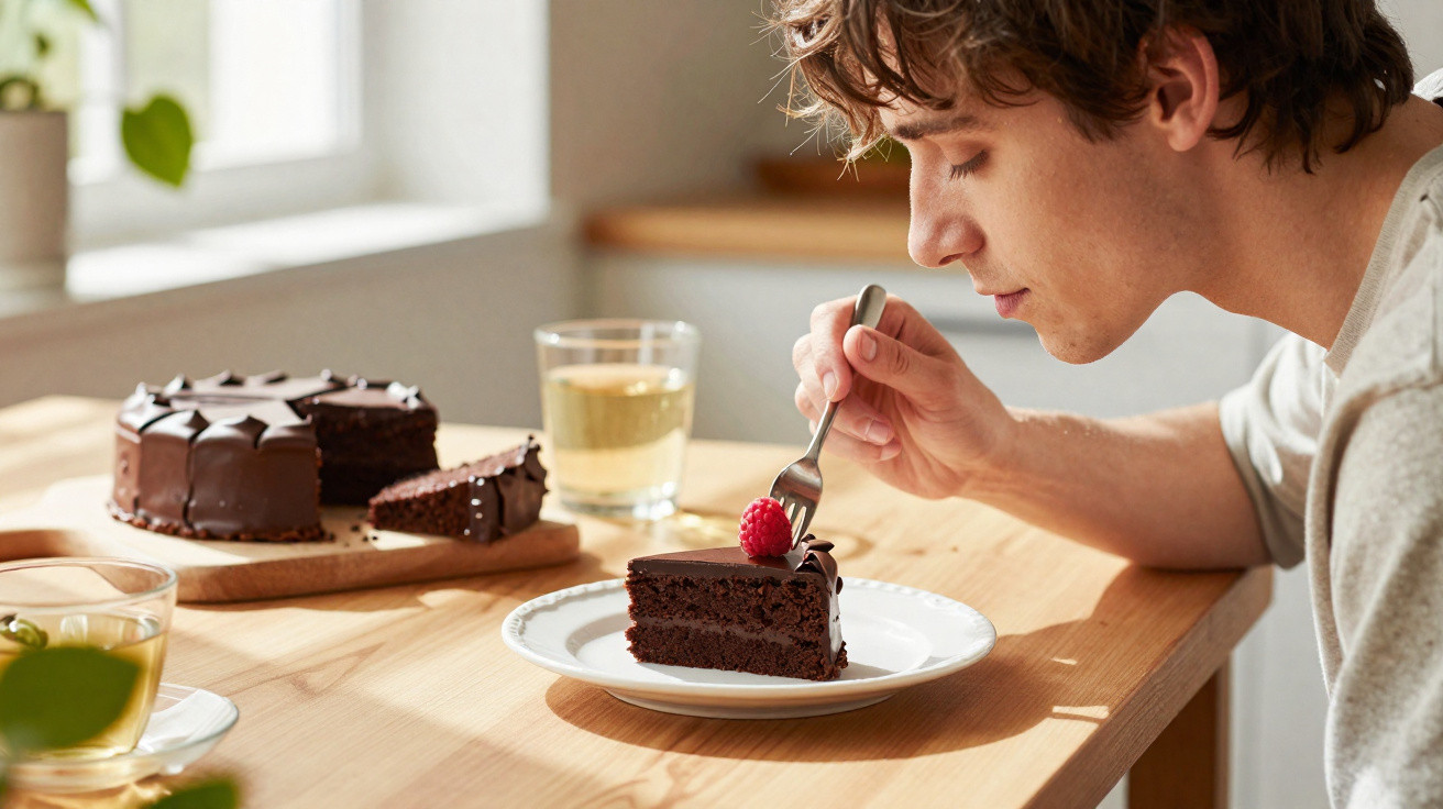 Jovem prestes a comer fatia de bolo de chocolate decorado com framboesa, em mesa de madeira clara.