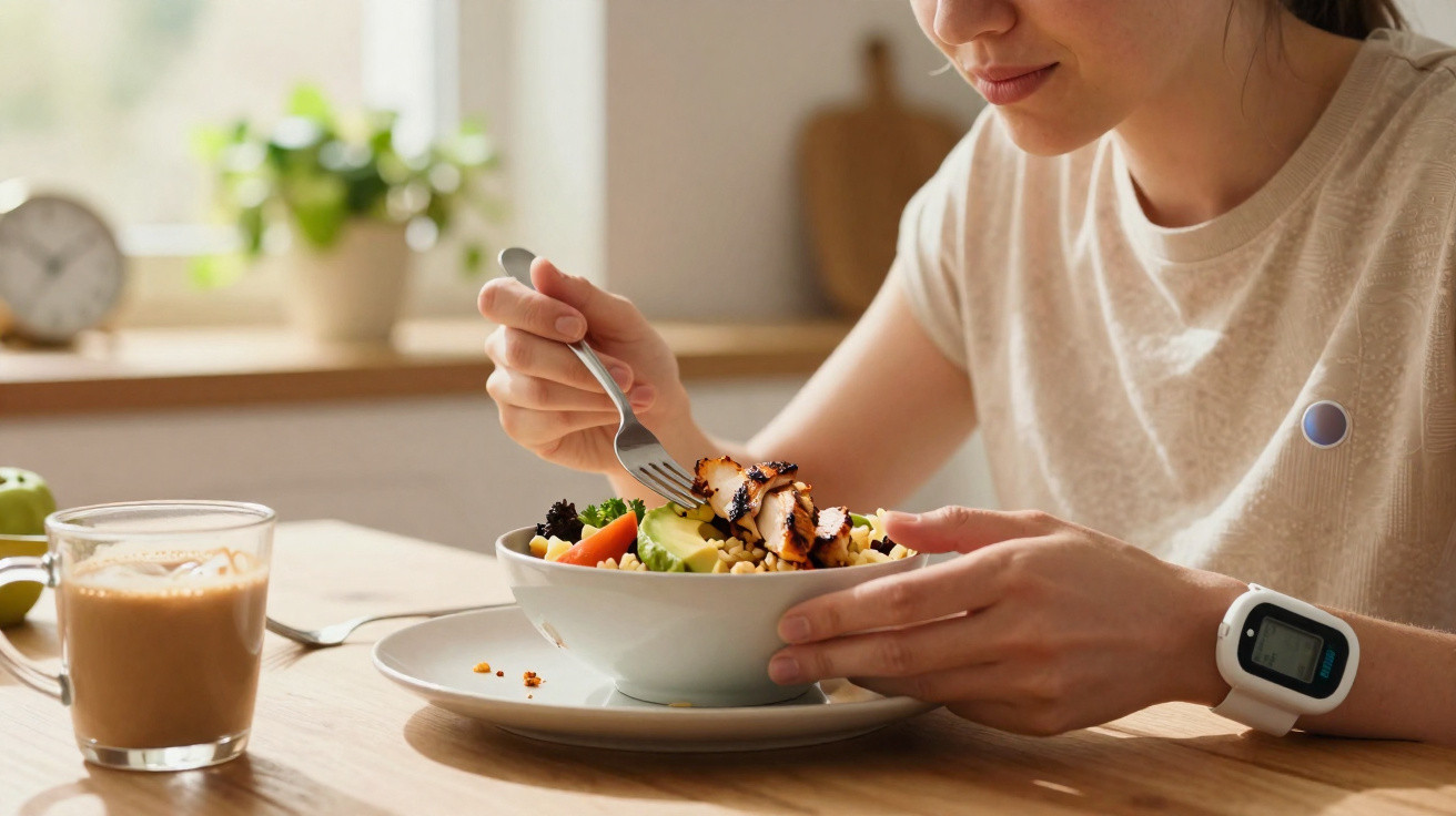 Pessoa segurando tigela com salada e comendo com garfo, ao lado de copo com bebida na mesa.