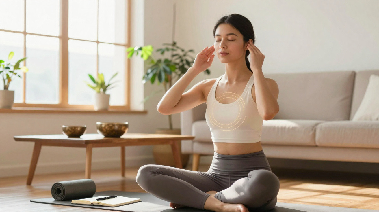 Mulher meditando sentada no chão da sala iluminada, com tapete, caderno e plantas ao fundo.