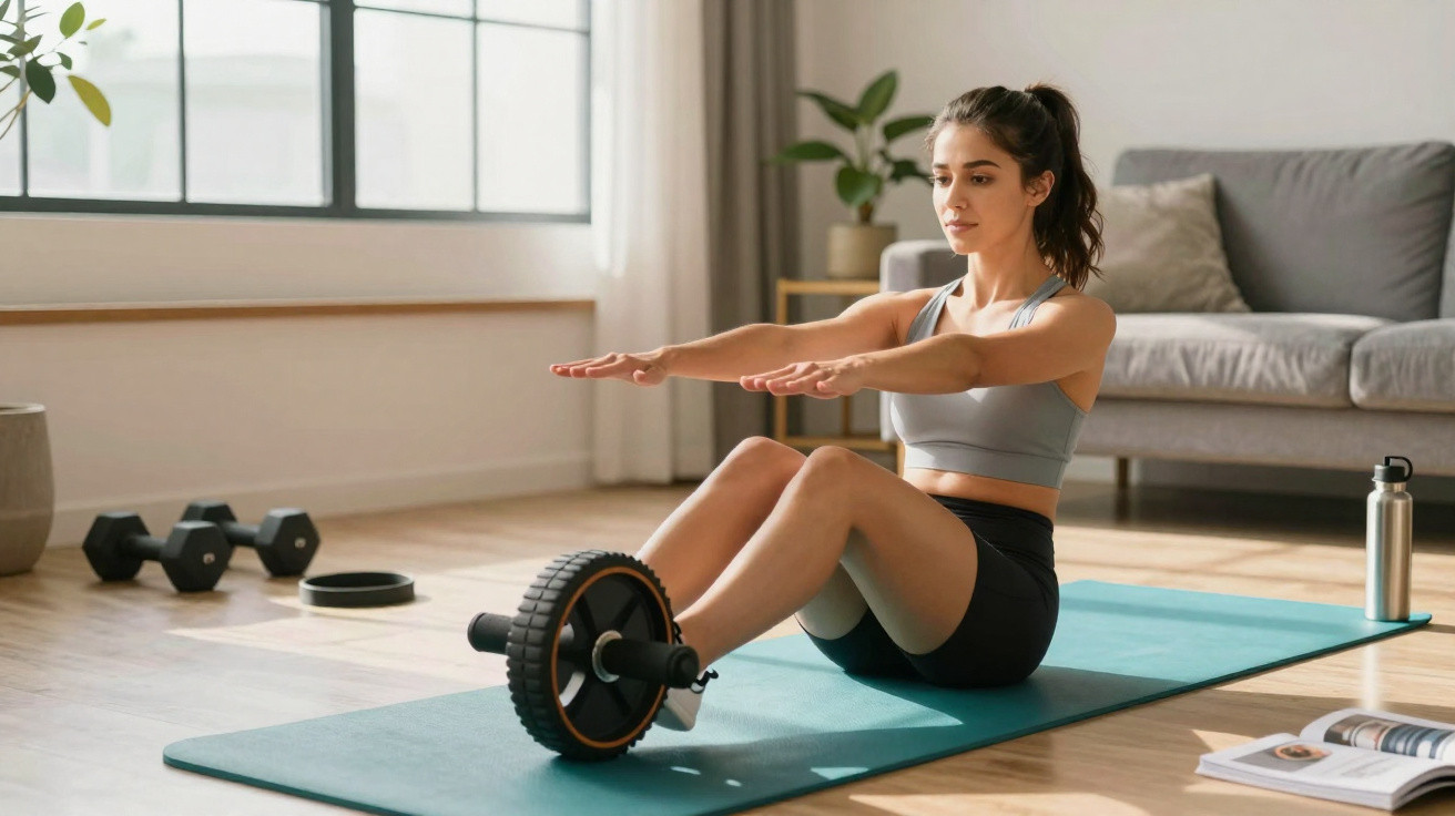 Mulher fazendo exercício com roda de abdominal em tapete de yoga em sala iluminada e arejada.