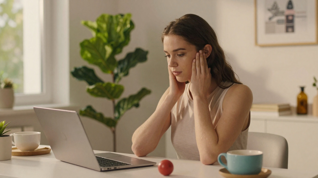 Mulher sentada à mesa olhando para laptop com expressão preocupada, ao redor xícara e planta.