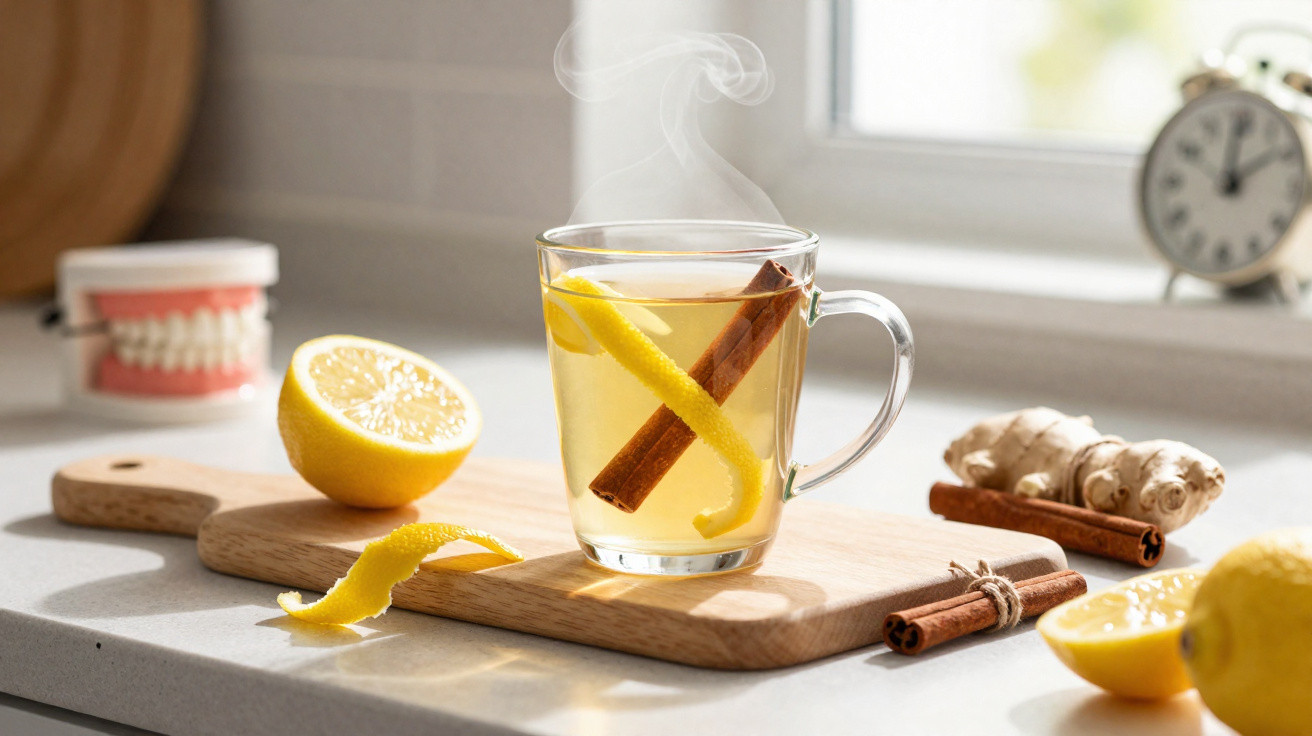 Xícara de chá quente com canela e casca de limão em tábua de madeira, com limões e gengibre ao redor.