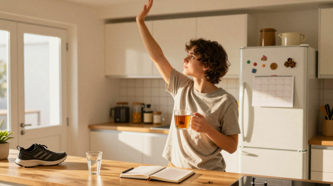 Pessoa jovem com camiseta cinza toma chá e levanta o braço em cozinha clara, com caderno aberto na bancada de madeira.