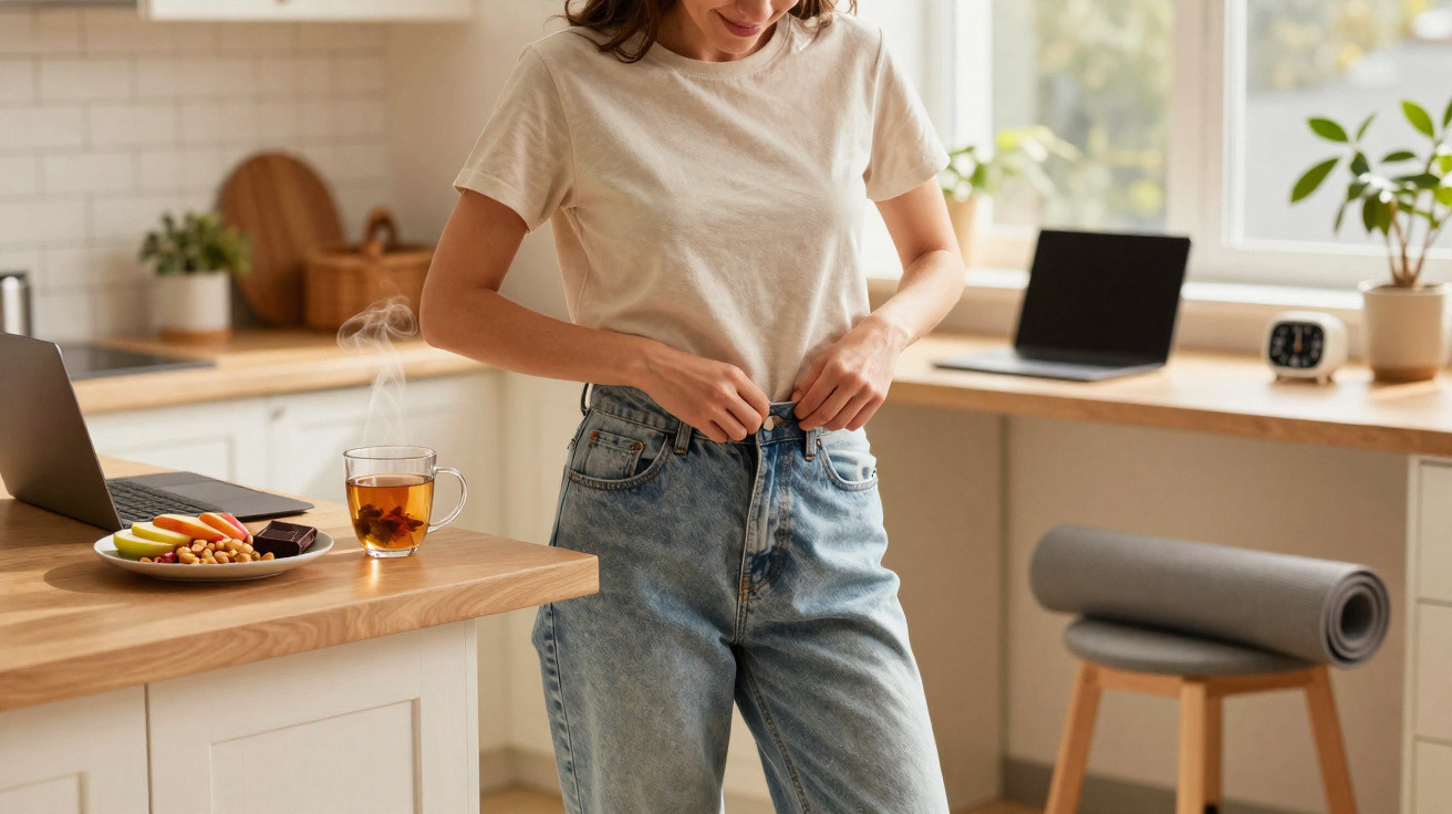 Mulher fechando calça jeans na cozinha com chá, petiscos e laptop sobre bancada de madeira.