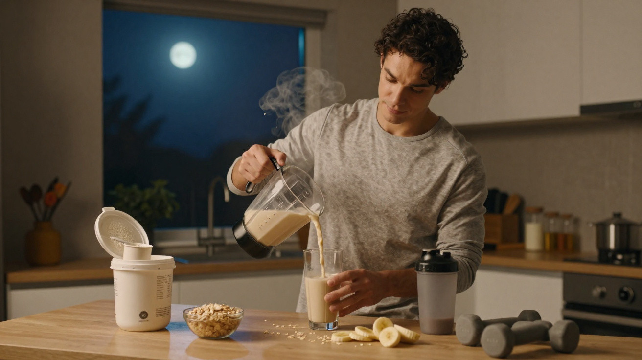 Homem jovem derrama shake proteico quente em copo na cozinha à noite, com frutas e pesos ao lado.