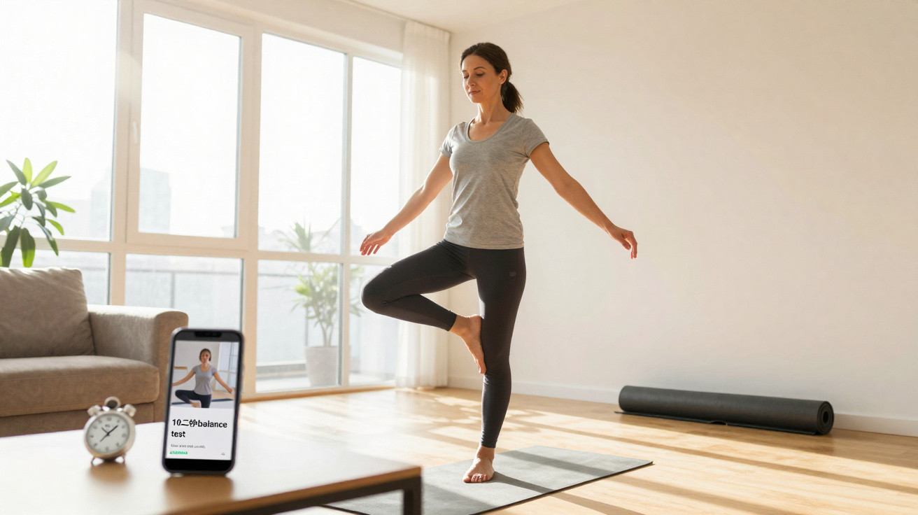 Mulher praticando yoga em pé em sala iluminada, com tapete e celular mostrando aula de equilíbrio.