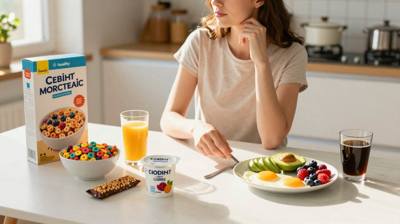 Mulher sentada à mesa com café da manhã saudável: ovos, abacate, frutas, sucos, cereal e iogurte.
