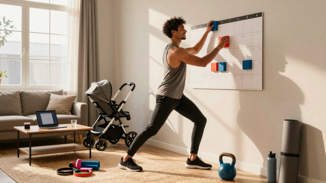 Homem mexe em quadro de tarefas numa sala com equipamentos de exercício e carrinho de bebê.